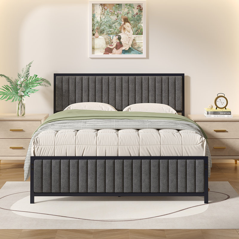 Metal Platform Bed Frame With Upholstered Headboard And Footboard, Heavy Duty Steel Slats Platform Bed, No Box Spring Needed