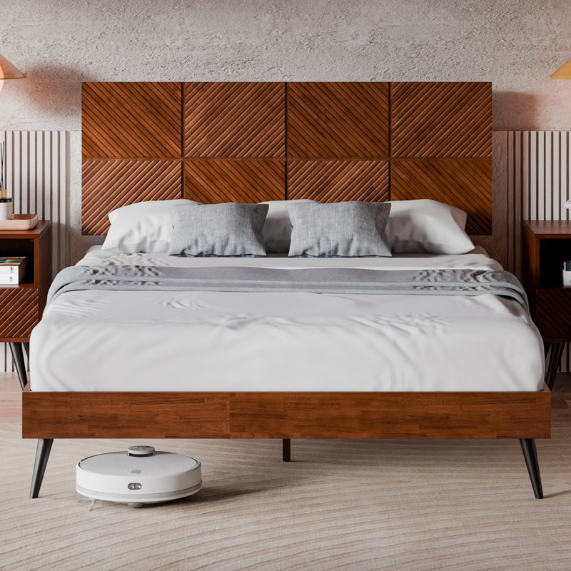 Rhombus Solid Rubber Wood Queen Platform Bed Frame with Geometric Headboard & Tapered Legs – Walnut, Walnut, Queen