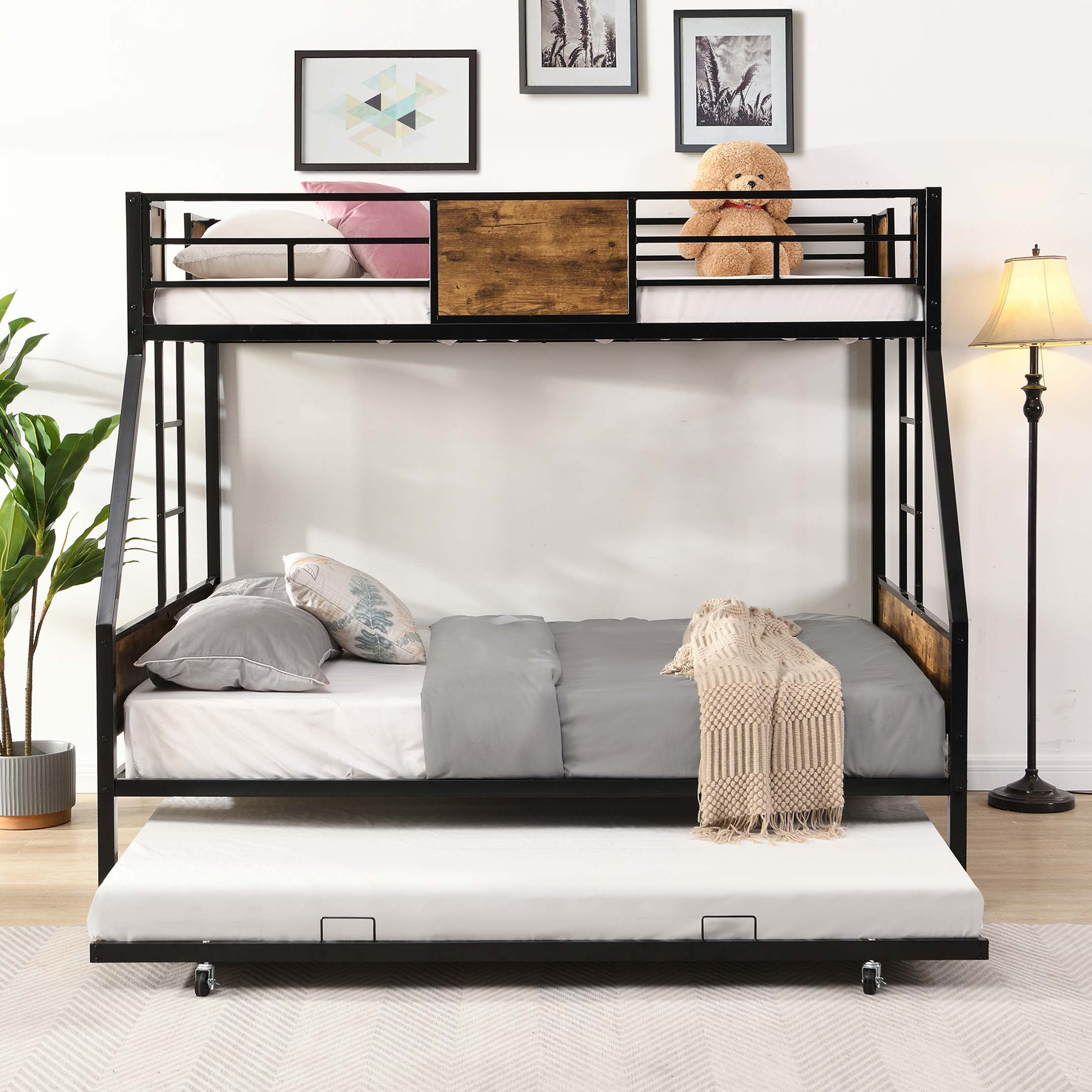 17 Stories Twin Over FULL Metal Bunk Bed With Trundle 2 - Side Ladder ...
