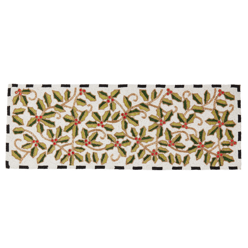 Charming Beaded Holly Leaves Table Runner