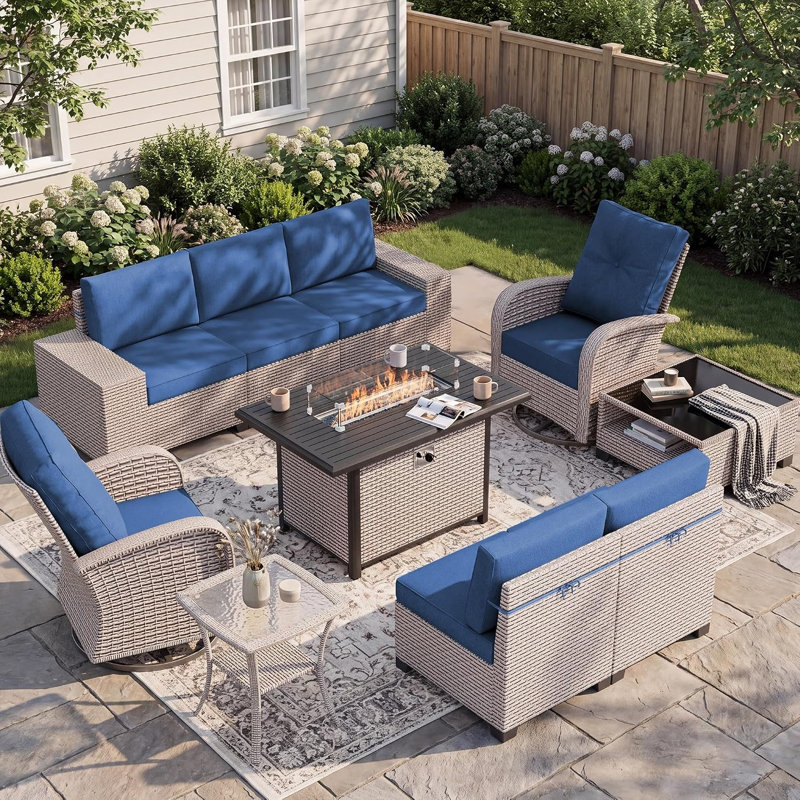 Ensemble de conversation pour l'extérieur avec rangement, ensembles de mobilier de patio en osier 10 pièces, ensemble de conversation modulaire pour 7 personnes avec coussins, mobilier d'extérieur et de patio, noir
