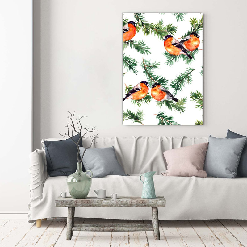 Robin And Conifers - Wrapped Canvas Print