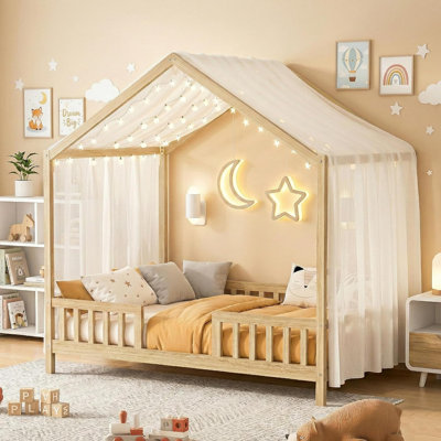 Full Montessori Floor House Bed with High Rails, Wood Kids Low Floor Bed with Roof & Canopy, Montessori Full Kids Bed Frame for Girls, Boys,No Box Spring Needed, Natural