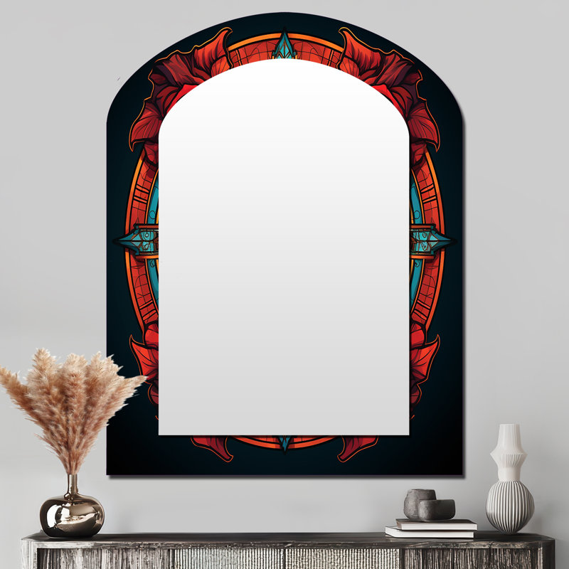 Rétro mandala floral rouge et turquoise - miroir décoratif Boho Mandala, miroir mural asymétrique rouge, impression sur métal