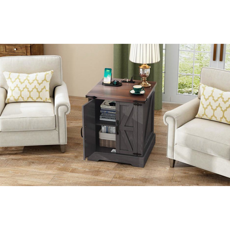 Table de bout de style rustique avec charge - Tablette latérale réglable en noyer gris et portes de grange pour porte de salon