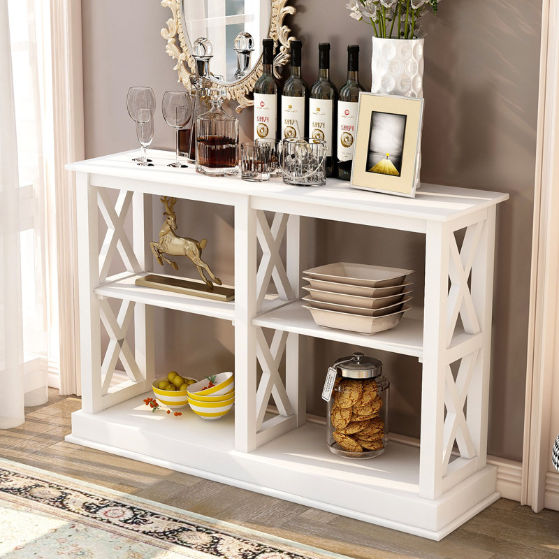 Console, table d'entrée, table de vestibule avec espaces de rangement ouverts à 3 niveaux et pieds en «X», Blanc / Blanc