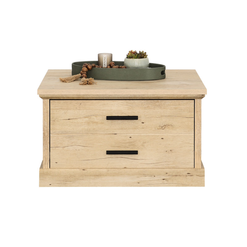 Table basse en brun avec un grand tiroir de rangement et une tablette ouverte pour la décoration, la conception multifonctionnelle, la structure, les dimensions compactes et la conception spacieuse