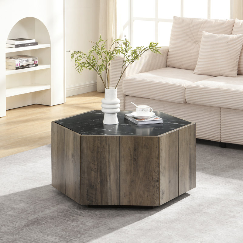 Table basse rustique en bois hexagonale - 2 tiroirs de rangement, plateau en marbre, finition chêne pour la maison / la réception