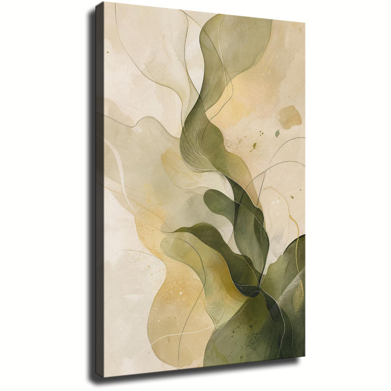 Impression sur toile, art mural sauge vert beige, aquarelle abstraite, ligne fluide, neutre minimal, 12x18in