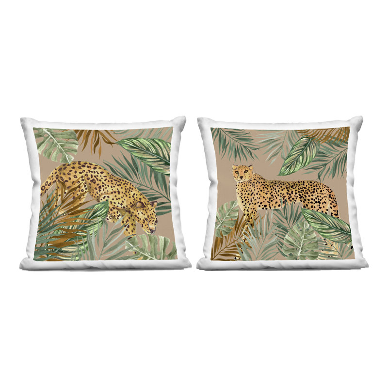 Ensemble de 2 coussins décoratifs Cheetahs Prowling Through Palms, imprimé par Janet Tava