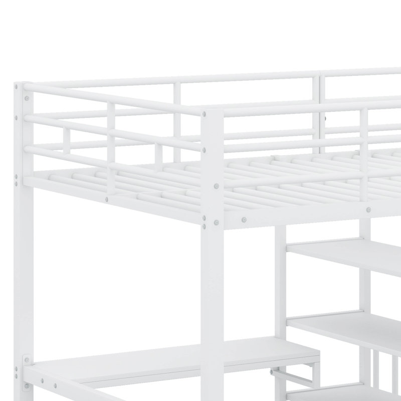 Full Over Twin Metal L-Shaped Bunk Bed With Built-In Desk, Shelves, And Ladder, White