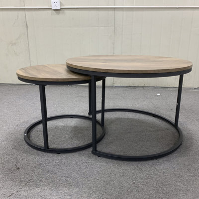 Nesting Coffee Table Set Of 2, 27.6Inch Round Coffee Table Industrial Wood Finish With Sturdy Metal Frame, End Table Side Tables, End Table