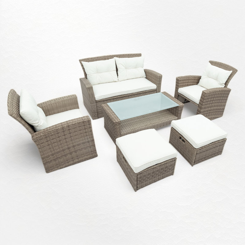 Ensemble de conversation en rotin avec coussins, Beige, 6 pièces: table, canapé, 2 chaises, 2 repose-pie