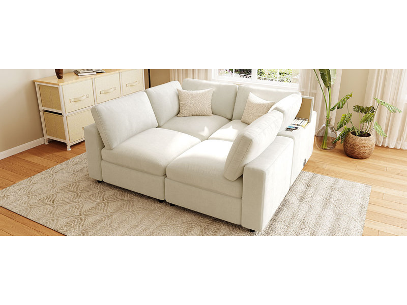 Canapé modulaire de 113 po avec tissu chenille et charge intelligente 113 po, Chenille beige
