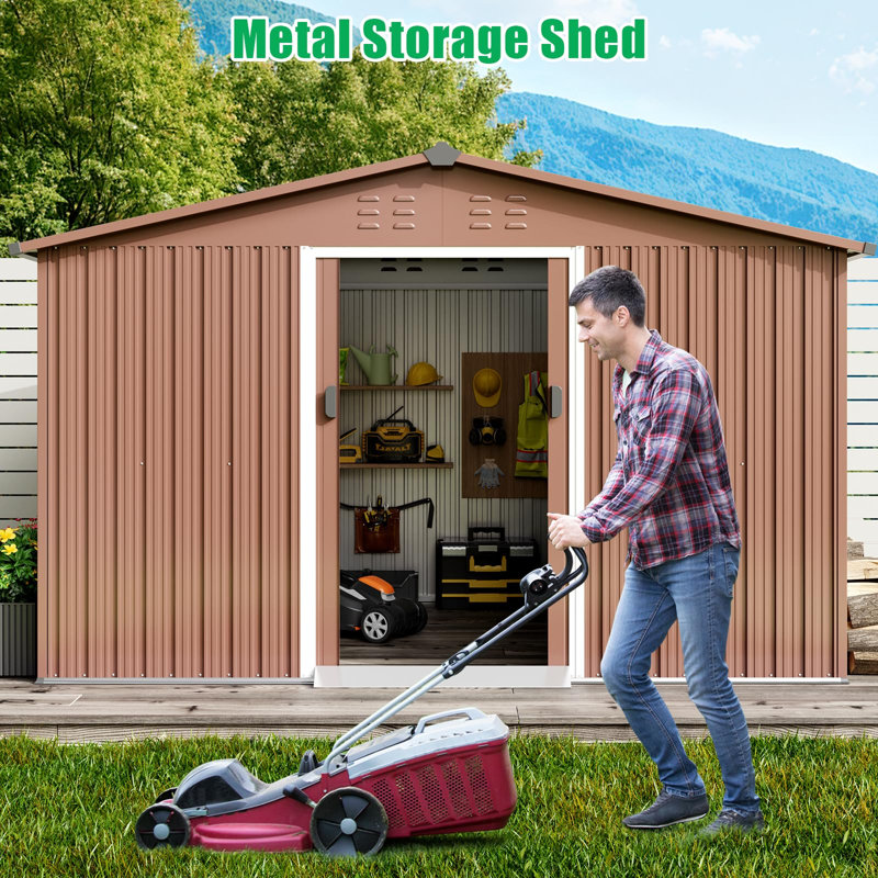 8×10 Ft Outdoor Metal Storage Shed, Large Garden Tool Shed with Lockable Sliding Door & Air Vents, Brown