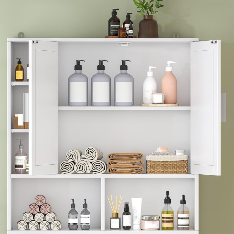 Armoire de rangement Farmhouse au-dessus de la toilette avec 2 portes de grange et 10 tablettes de rangement, Blanc