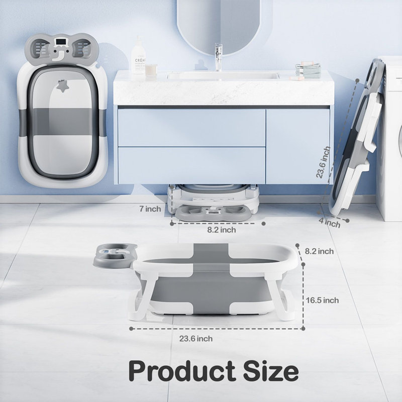 AWW Foldable Baby Bathtub for Infants 0-36 Months, 2-Inch Compact Folding Tub with Temperature Sensor, Soft Support Cushion and Drain Hole