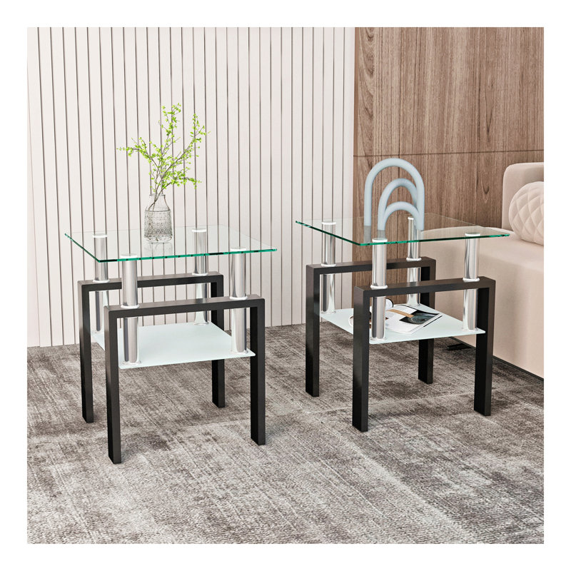 Ensemble de 2, table basse moderne en verre trempé, table de bout, table carrée pour le salon, transparent / noir