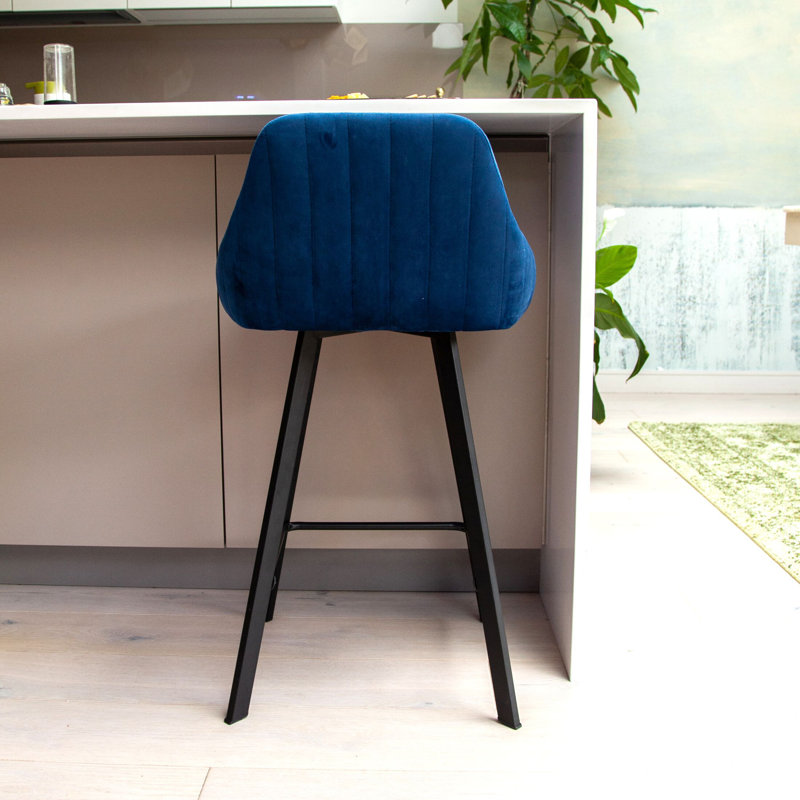 2 Velvet Upholstered Antwan 65cm Bar Stool with Black Metal Legs, Blue