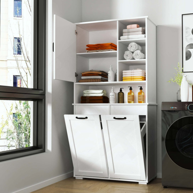 Freestanding Laundry Cabinet with Tilt-Out Laundry Hamper, Adjustable Shelves, Open Shelves & Closed Doors, Multi-Purpose Storage Organizer