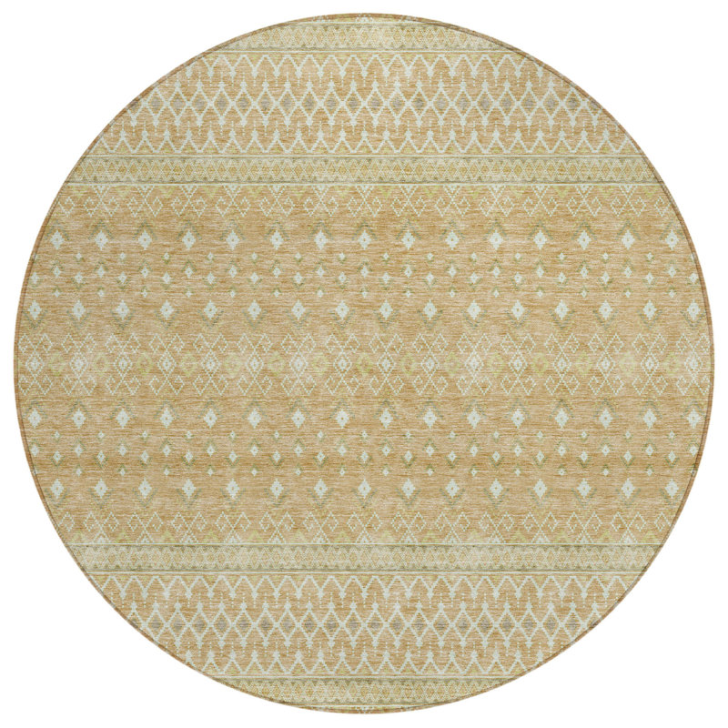 Tapis d'extérieur rond lavable 8 pi cuivre ivoire et vert olive Tribal