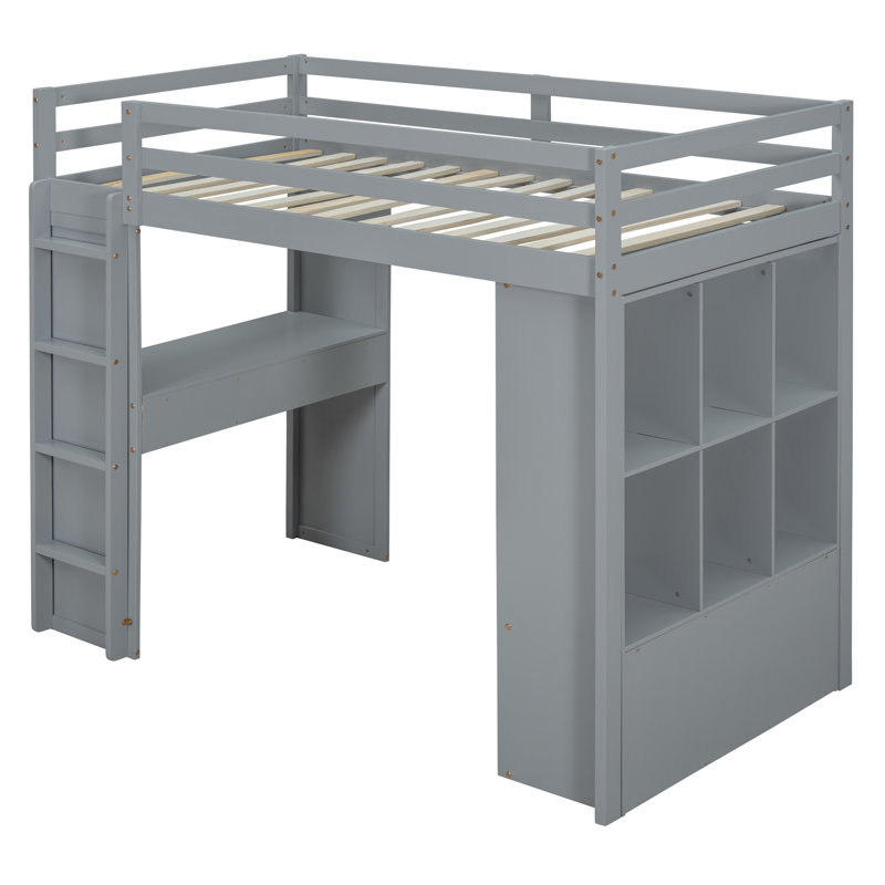 Lit mezzanine avec grandes tablettes, bureau et lumière DEL, Gris, Lit simple