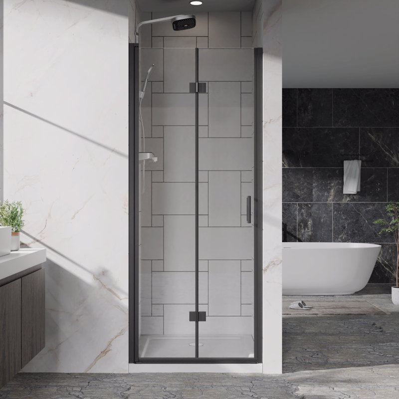 32"X 72" Pivot Bifold Frameless Glass Shower Door 1/4 Inch (6Mm) Tempered Clear Glass Swing Shower Panel, Black