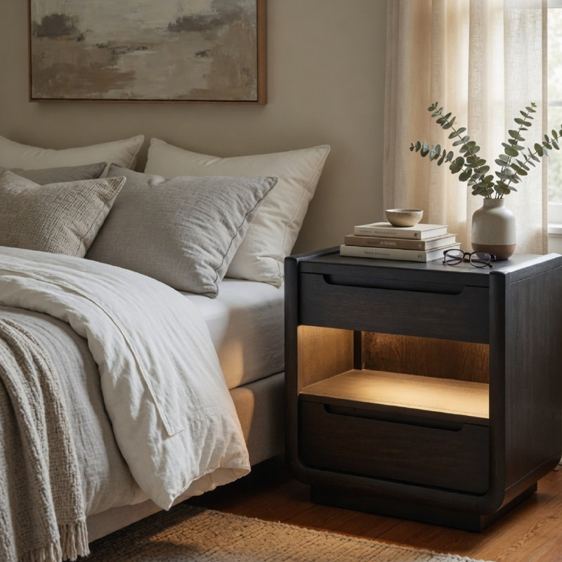 Table de chevet Lina avec 2 tiroirs, lumière DEL, double port USB, bois noir