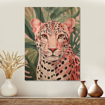 Léopard vert et rose, élégance tropicale V - léopard / guépard sur bois