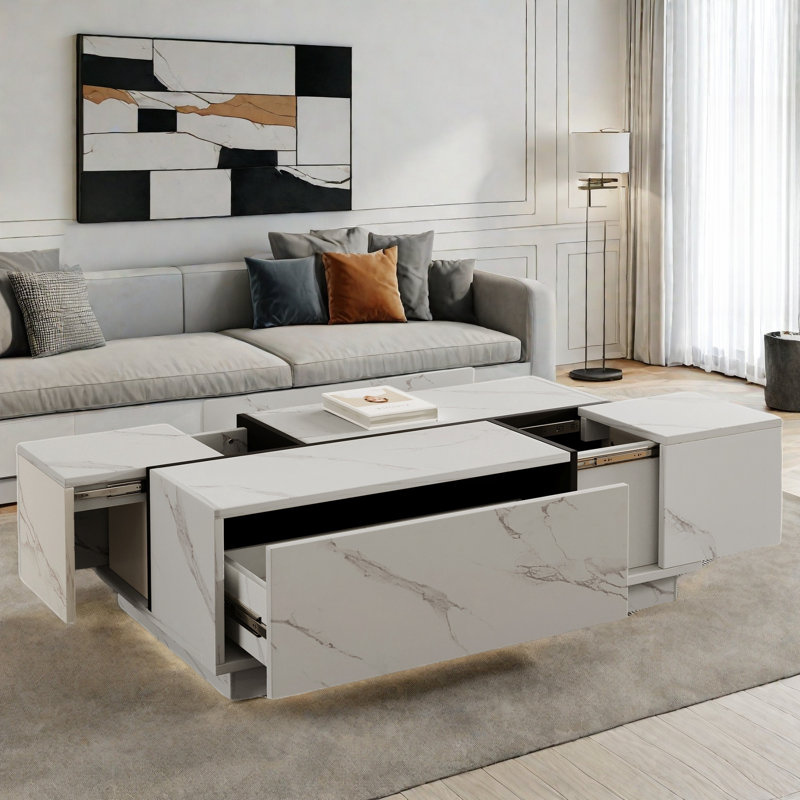 Rectangular Sliding Top Coffee Table With 2 Drawers And 2 Hidden Storage Compartments