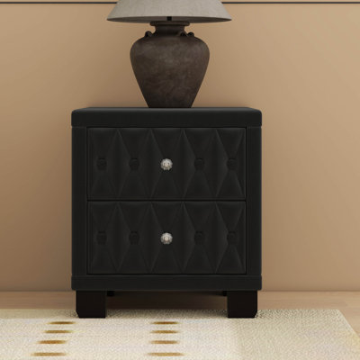 Luxury Velvet Nightstand With Crystal Handles, Elegant Bedside Table With 2 Drawers And Button-Tufted Upholstery