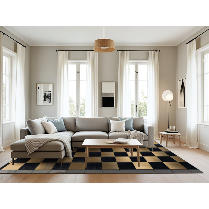Tapis damier noir lavable à la machine, Rectangle 6 pi x 9 pi