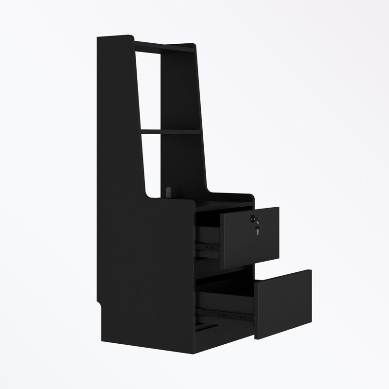 Nightstand with Charging Station, Light and Bookshelf, Black