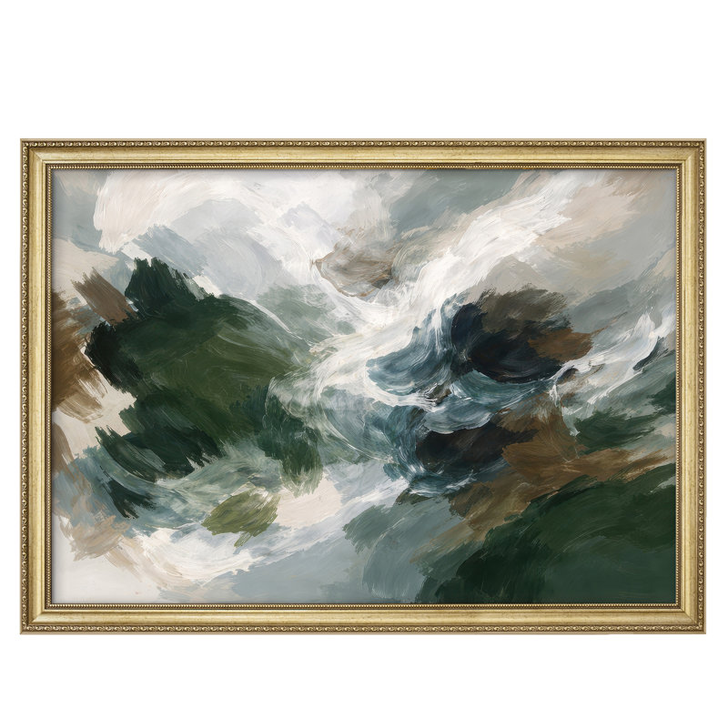 Abstrait vagues océaniques dans des tons vert foncé et blancs pour le salon, art mural encadré 26 po x 36 po