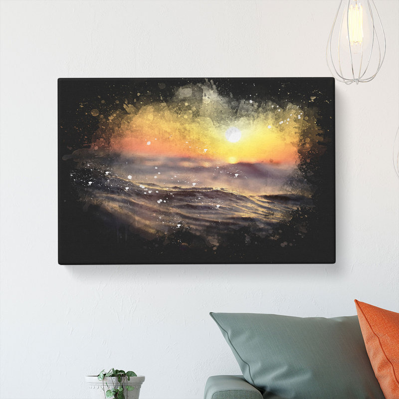 Orange Sunset Above The Waves - Wrapped Canvas Painting, 60cm H x 91cm W x 3cm D