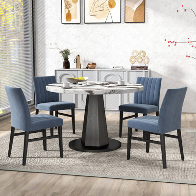  Cavira 5-Piece Modern Dining Set, Off-White Faux Marble Dining Table With Four Chairs, Blue