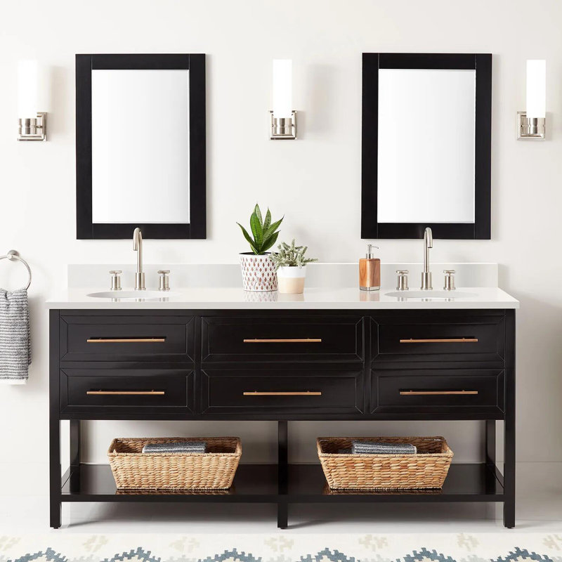 72" Robertson Double Bathroom Vanity Set with Oval Undermount Sinks, Black, Arctic White Quartz, 8" Widespread
