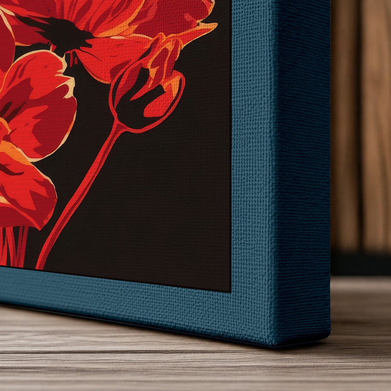 Vibrant Red Blooms Botanical - Wrapped Canvas, 24x16 - 61.0 x 40.6 cm, Teal Border