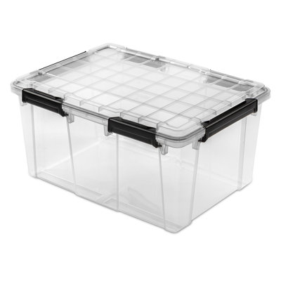 Sterilite 80 Qt Gasket Box, Stackable Storage Container with Lids, Black, 8 Pack