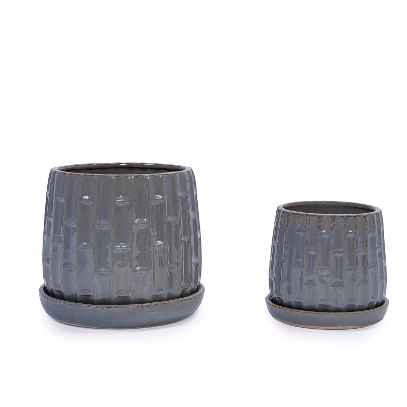 Handmade Gray Glazed Ceramic Planter Set of 2, 6" & 8" Diameter, Vertical Ribbed Pattern, for Succulents & Herbs Indoor/Outdoor Shelf & Table Use, Breathable Clay with Saucers