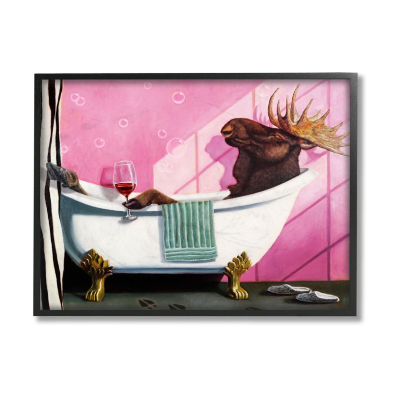 «Moose with Wine Bathroom» par Lucia Heffernan - reproduction d'art, H 14 po x l 11 po, Giclée encadrée noir minuit