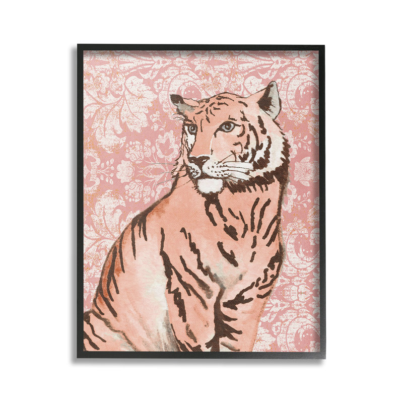 Bc-372_FG " Tiger With Vintage Pattern " by Elizabeth Medley, Midnight Black Framed Giclee, 30" H x 24" W
