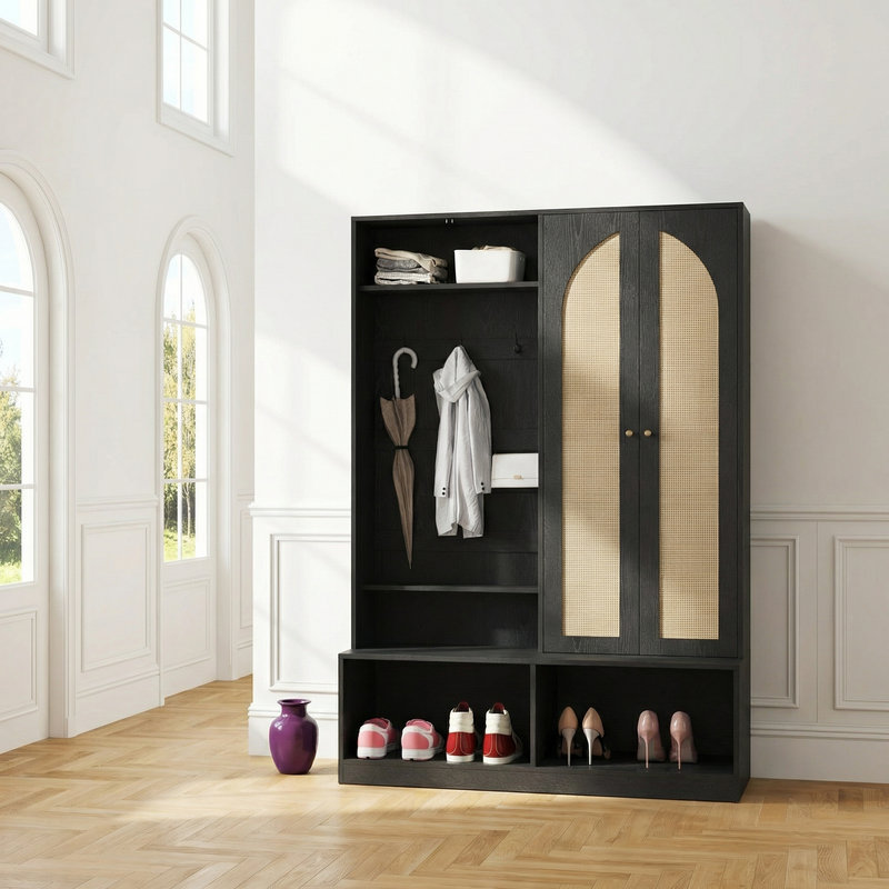 Arbre d'entrée 4 en 1 avec banc et armoire de rangement en rotin de style bohémien, Noir
