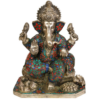 Statue en laiton 12 "avec incrustation de Puja Ganesha - sculpture de divinité indienne fabriquée à la main pour le temple