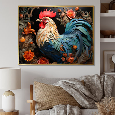 Coq bleu avec fleurs orange