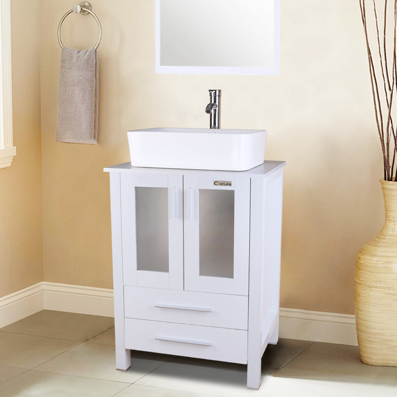 24'' Single Bathroom Vanity Set with Vessel Sink, Faucet, Drain, White