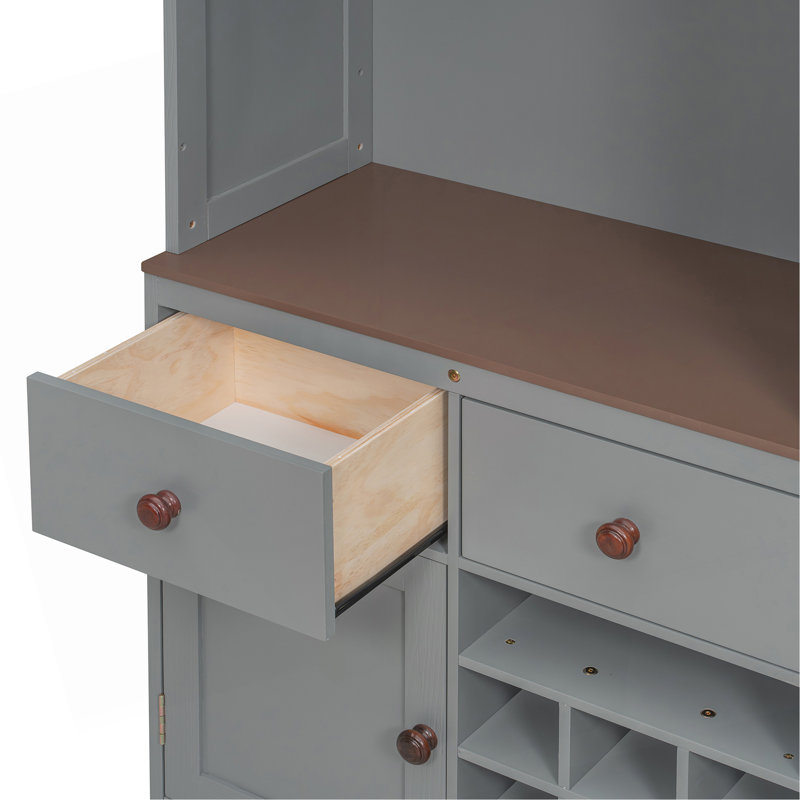 Grand lit escamotable avec armoire de rangement, support à vin, porte-verre, tiroirs et bande DEL multicolore, Gris