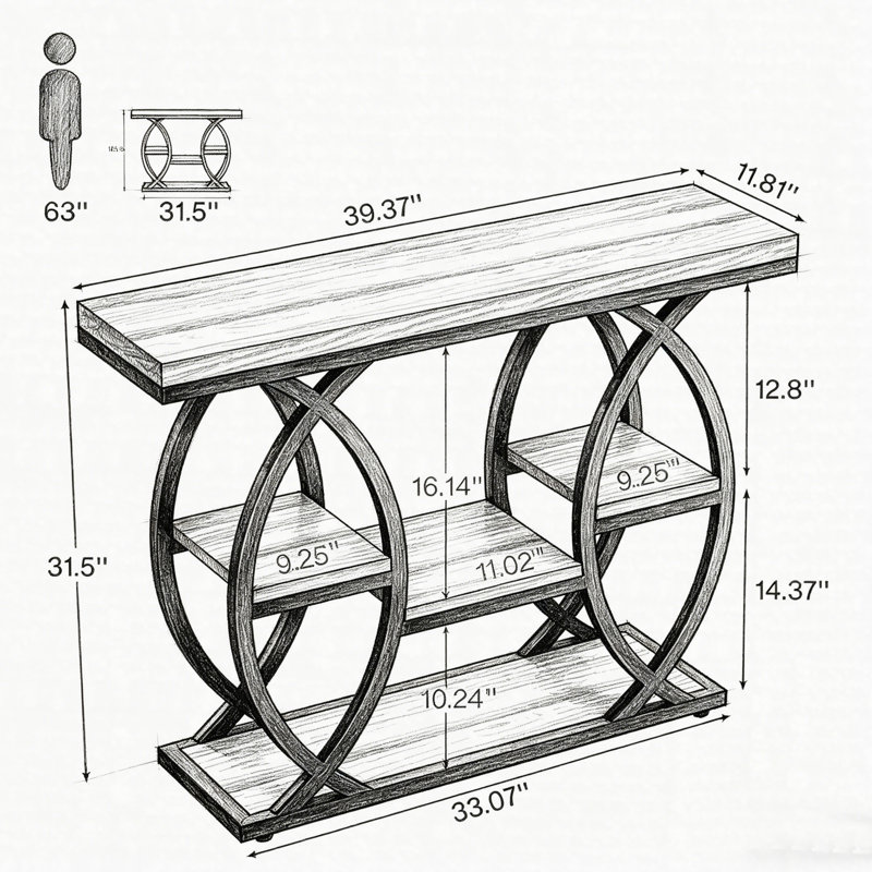 Console 39 po à 4 niveaux, canapé d'entrée avec tablettes de rangement, table d'appoint industrielle étroite, Blanc, Doré