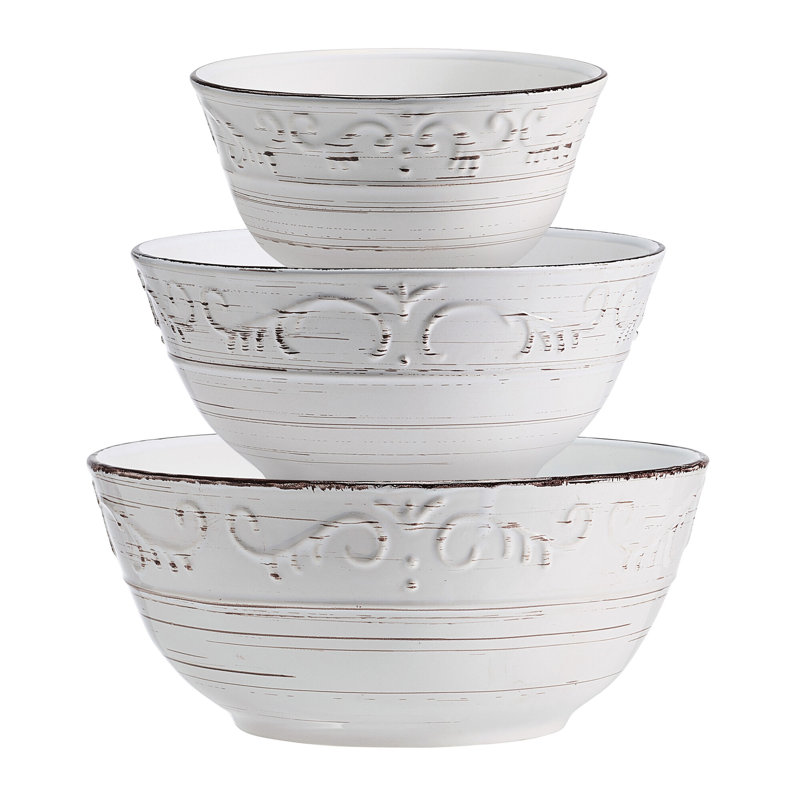 White Ceramic Rustic Patterned Serving Bowl Set of 3