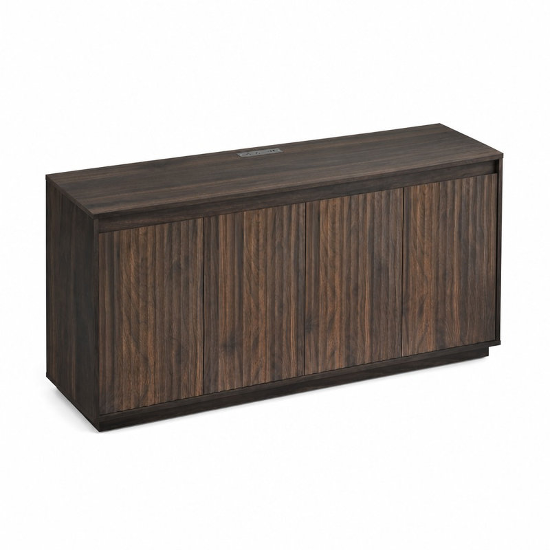 Buffet autoportant à 4 portes avec prise de courant intégrée, armoire de rangement d'appoint à texture verticale ondulée avec conception sans poignée, organisateur multi-scénario